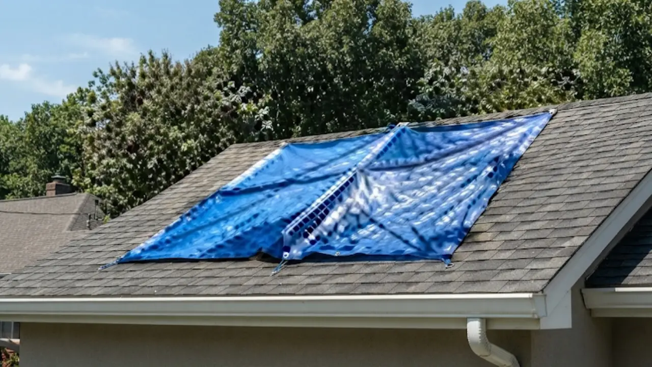 Blue tarp covering an emergency roof leak