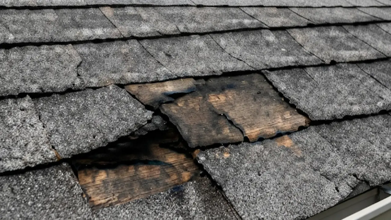 Lifted and missing shingles on a roof