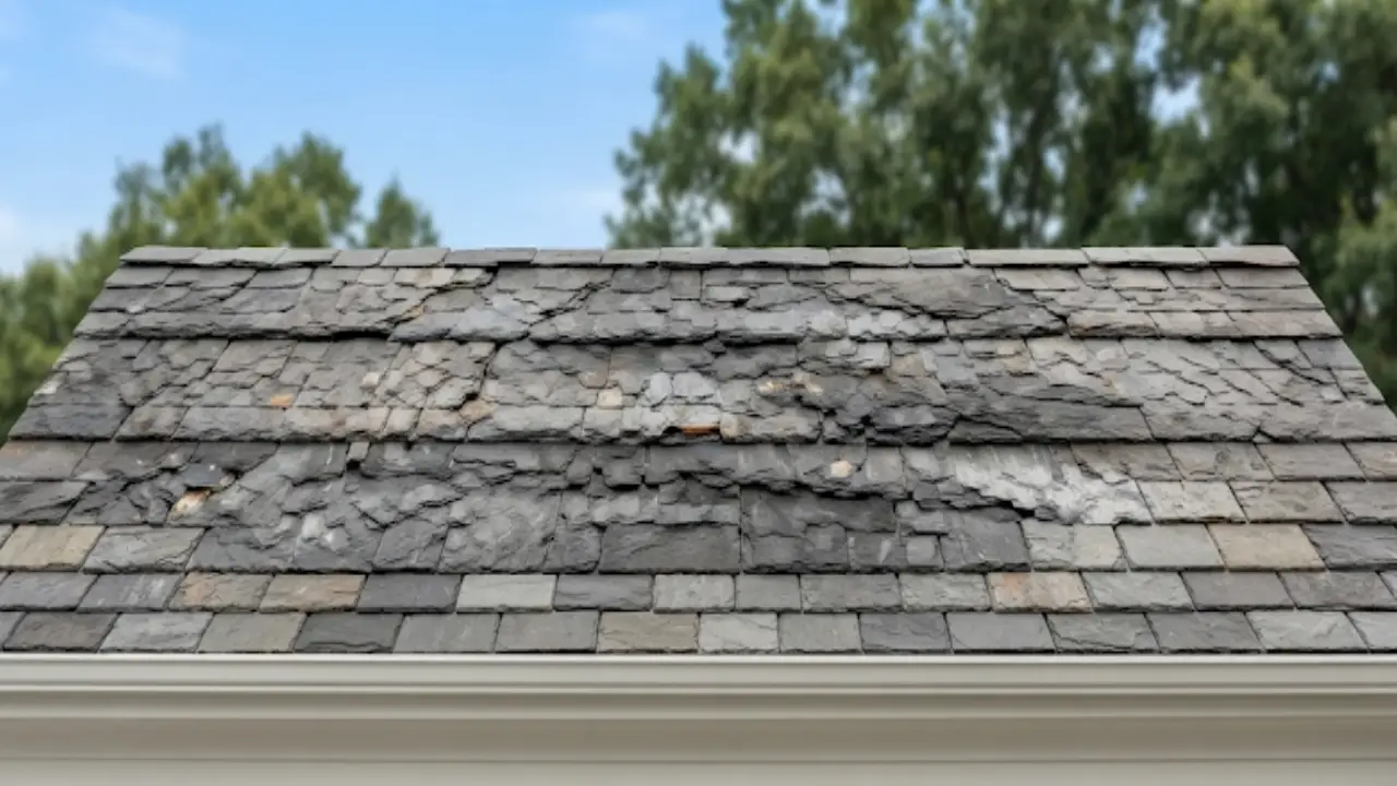 Aging shingle roof next to a brick chimney