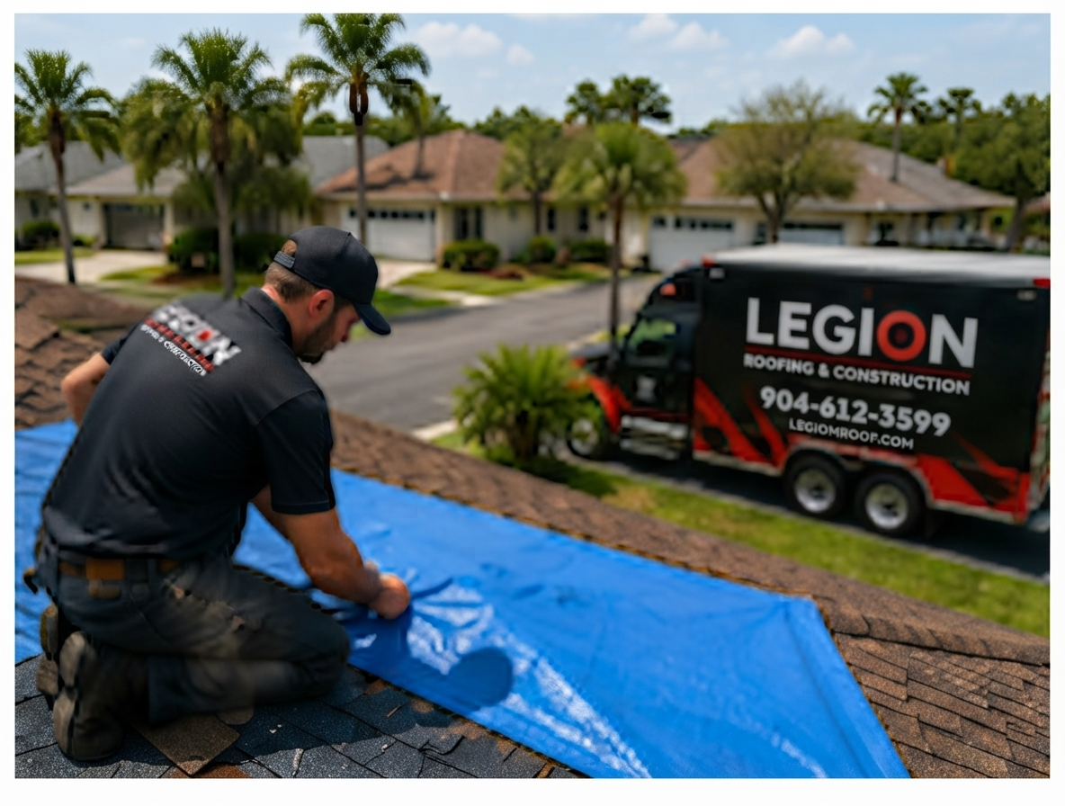 Legion Roofing technician applying temporary tarp protection to a Jacksonville roof