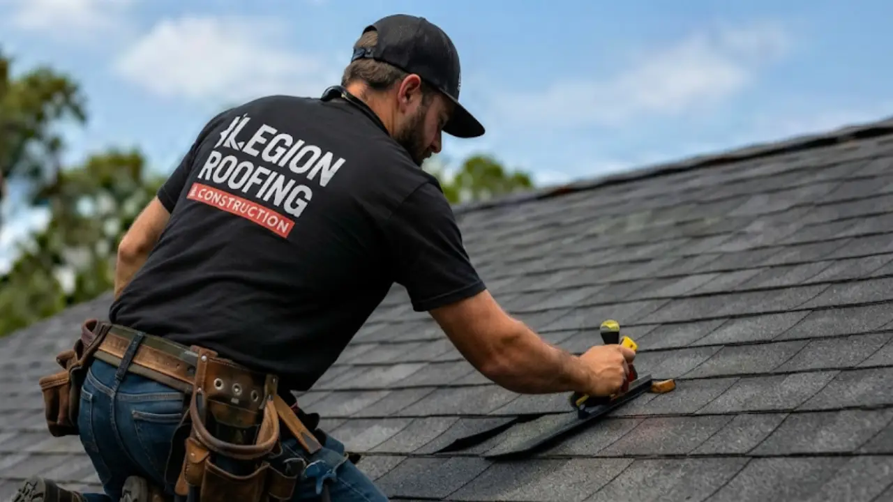 Roofer repairing shingles on a residential roof