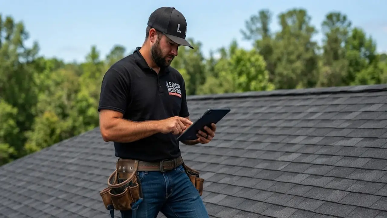 Inspector reviewing a roof with a tablet