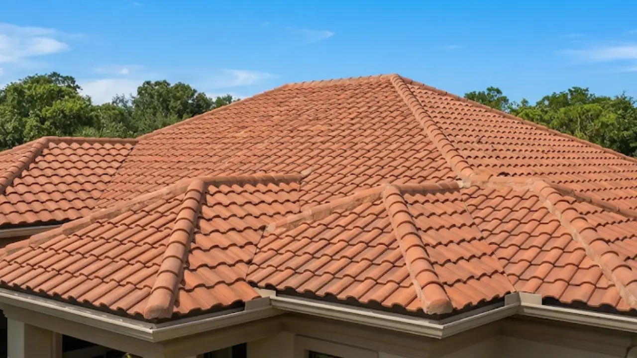 Clay tile roof with palm trees