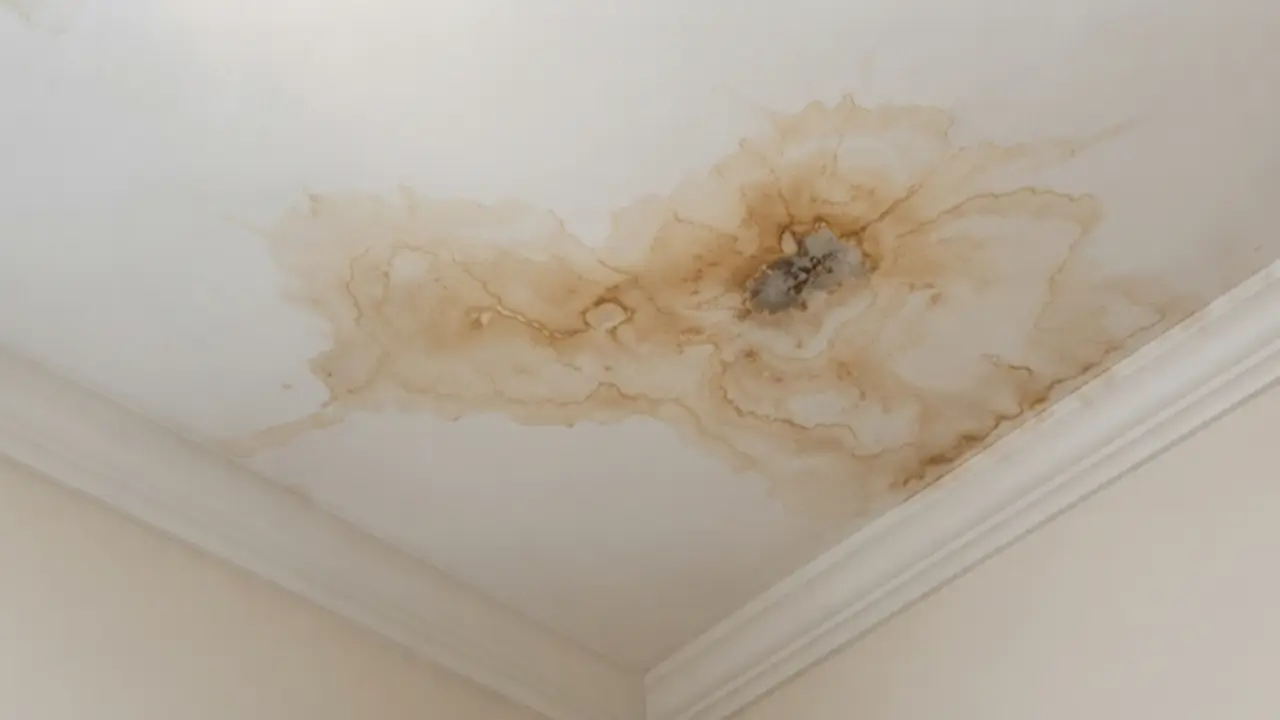 Brown water stain spreading across a ceiling