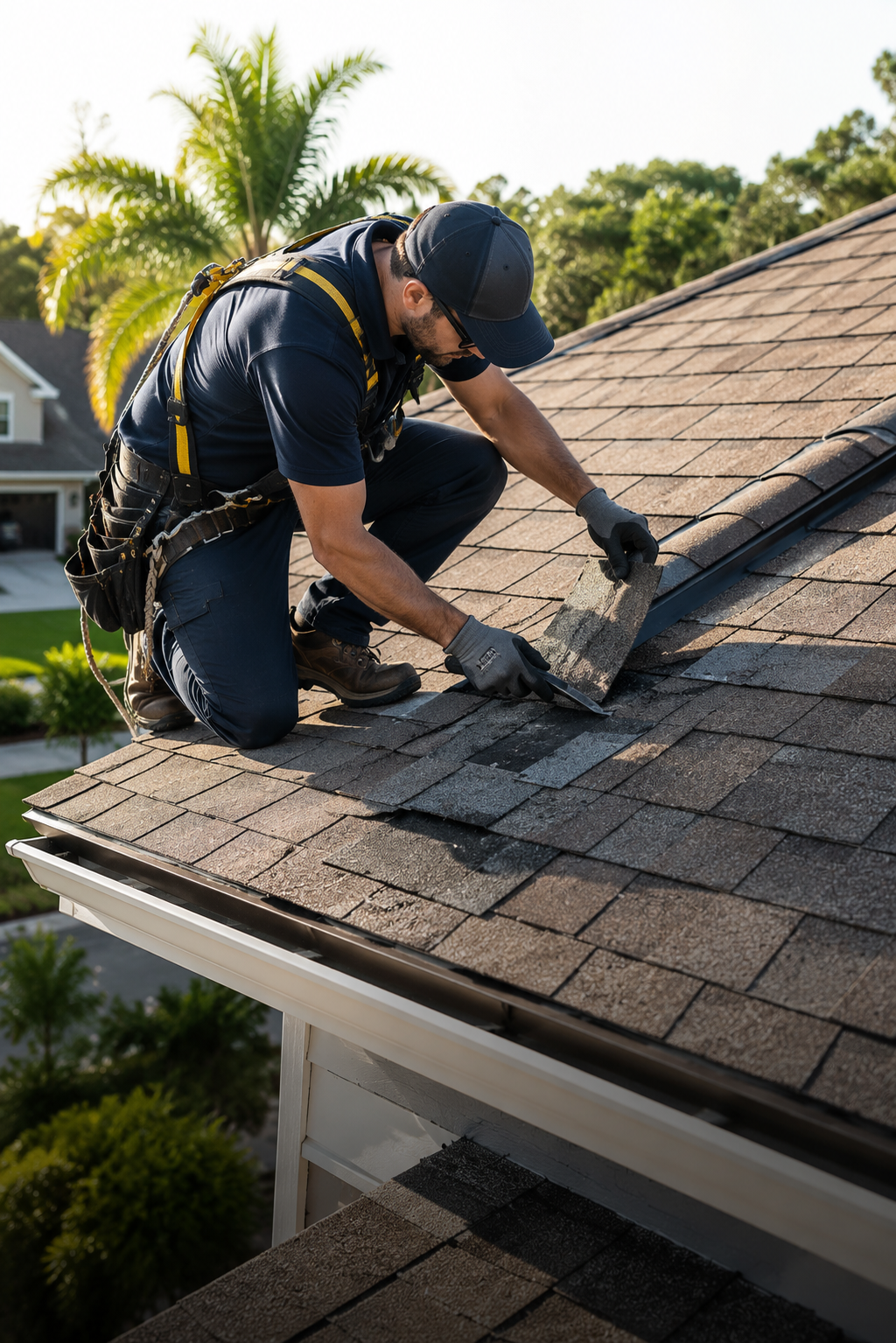 Roofer repairing a small section of damaged shingles