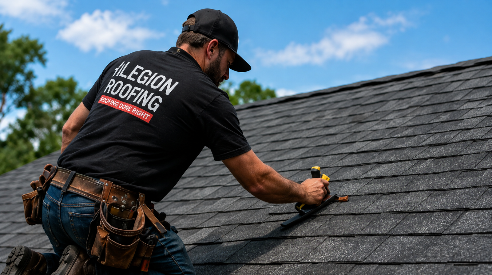 Roofer repairing shingles on a residential roof
