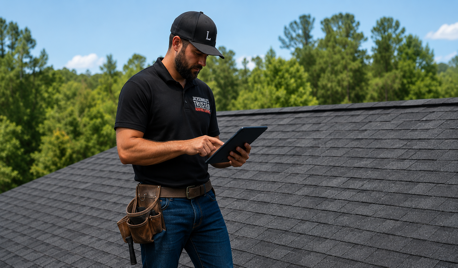 Inspector reviewing a roof with a tablet