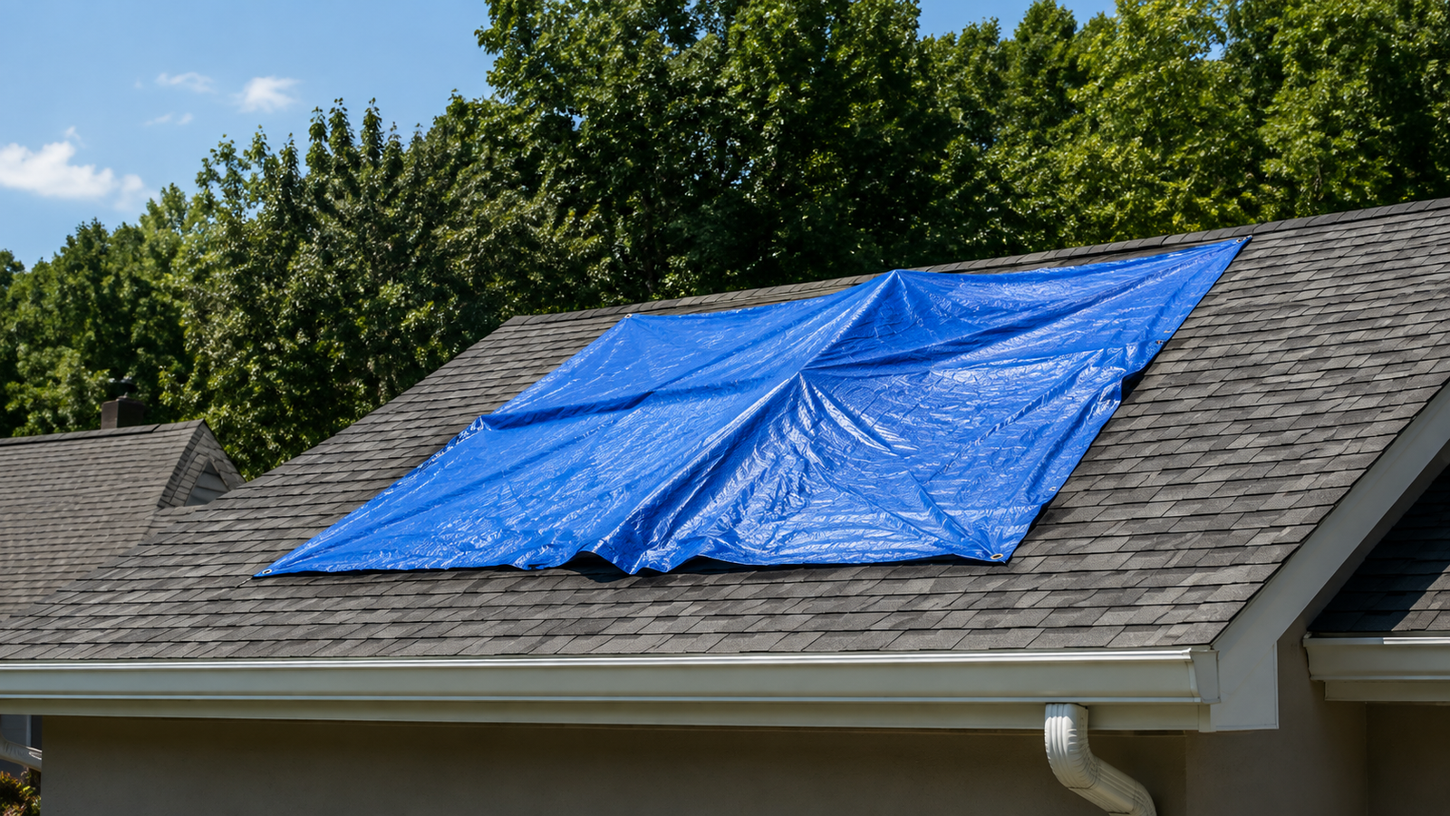 Blue tarp covering an emergency roof leak