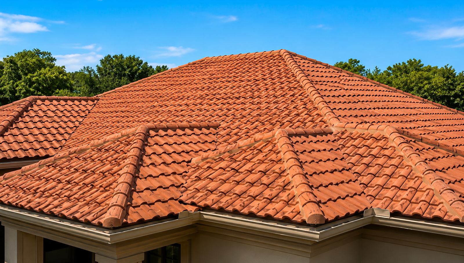 Clay tile roof with palm trees