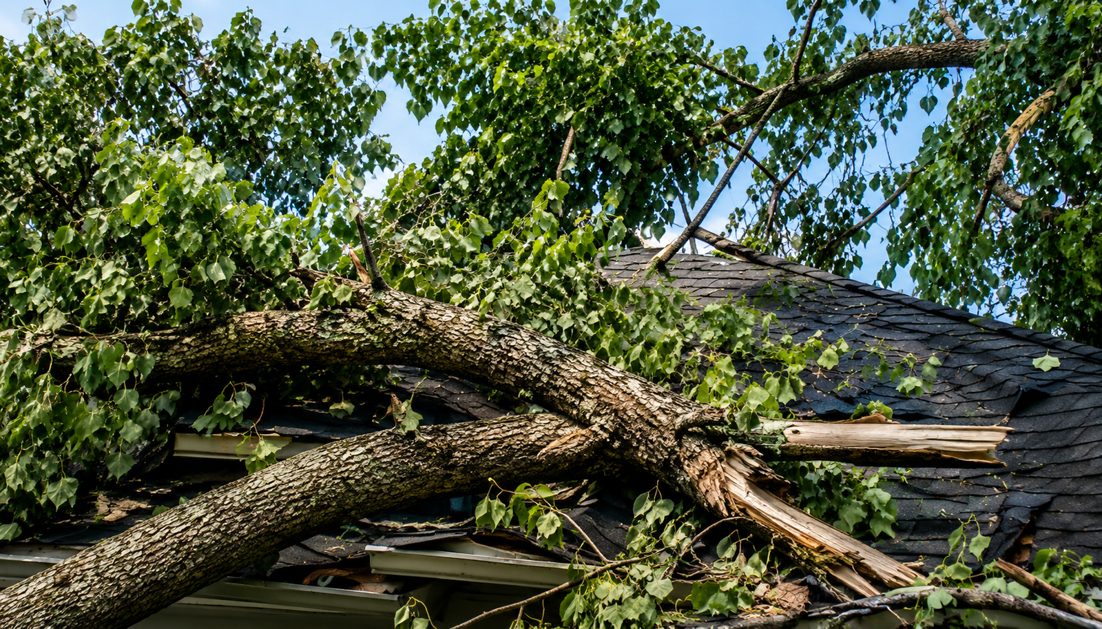 Fallen tree limb on a storm-damaged roof