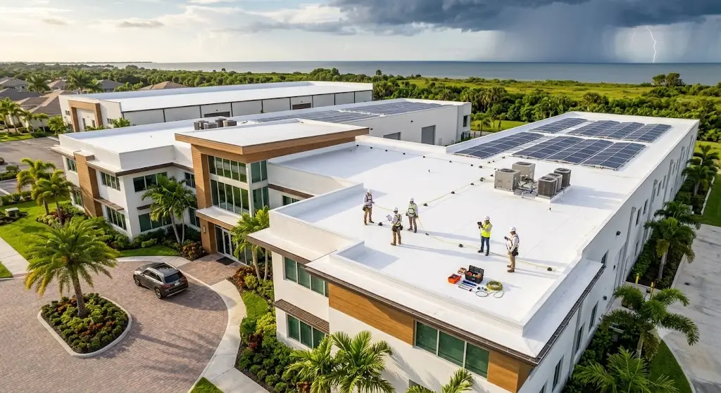 Flat commercial roof with rooftop HVAC units