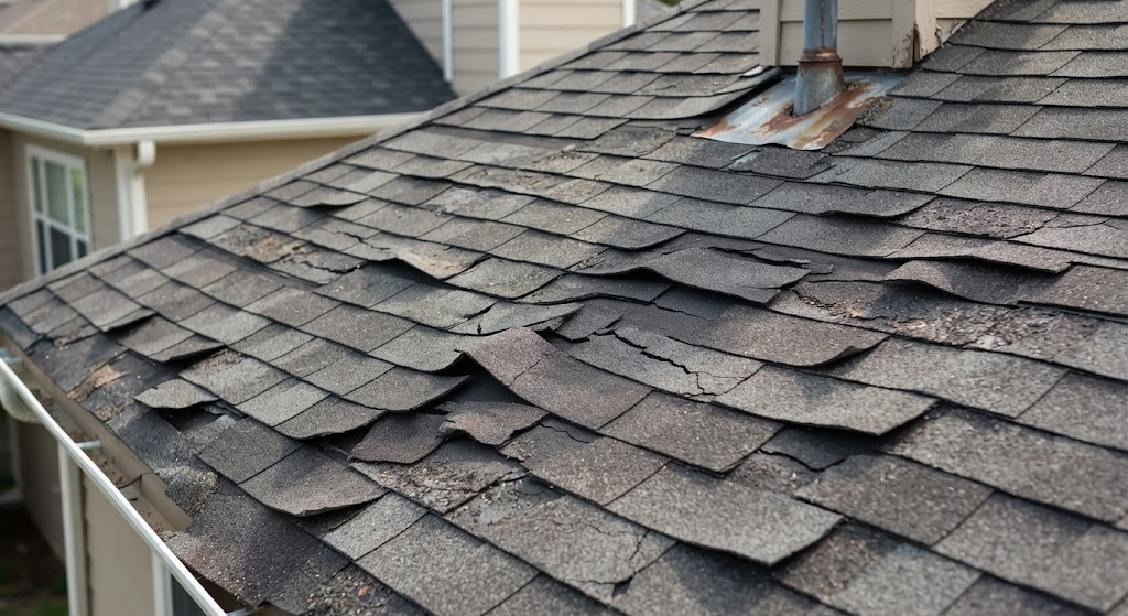 Curling and cracked asphalt shingles