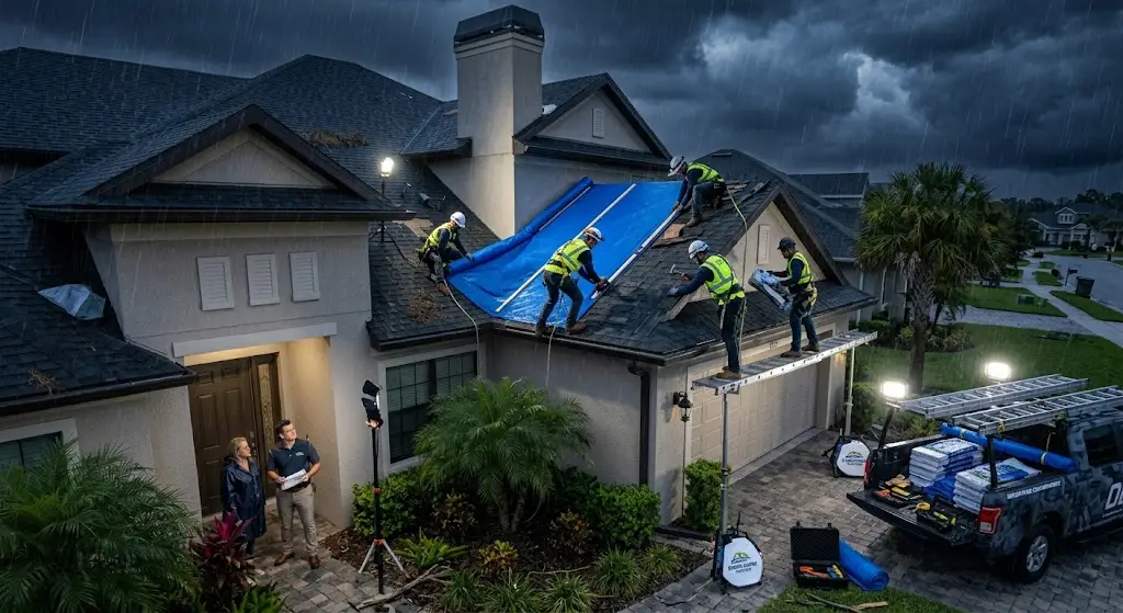 Emergency roof repair at night