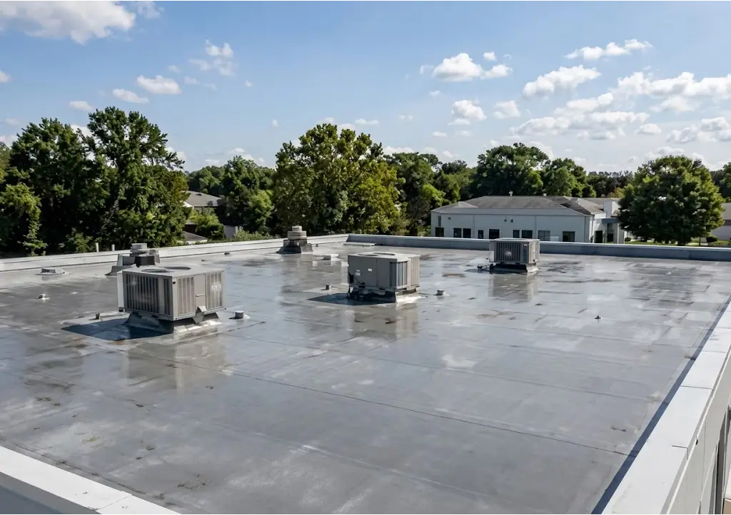 Flat commercial roof with rooftop units