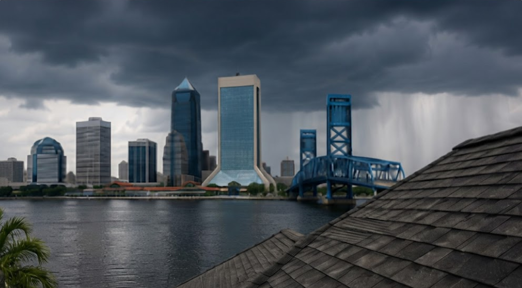 Storm clouds and rain over the Jacksonville, Florida skyline