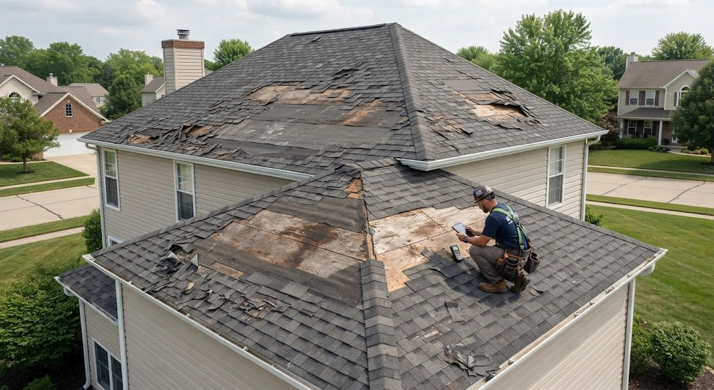 Roof with missing shingles across large areas
