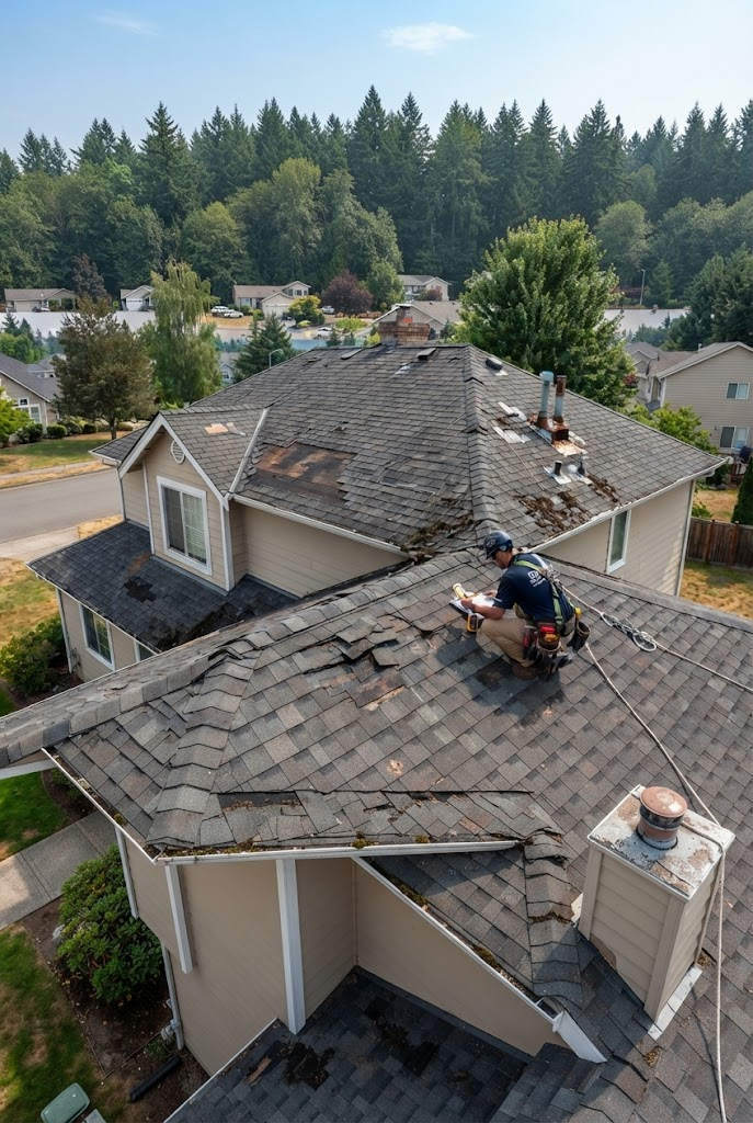 Severely damaged roof with widespread shingle failure