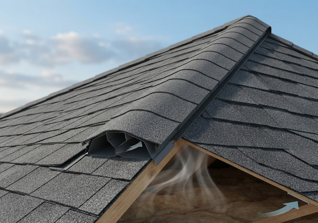 Ridge vent at the roof peak