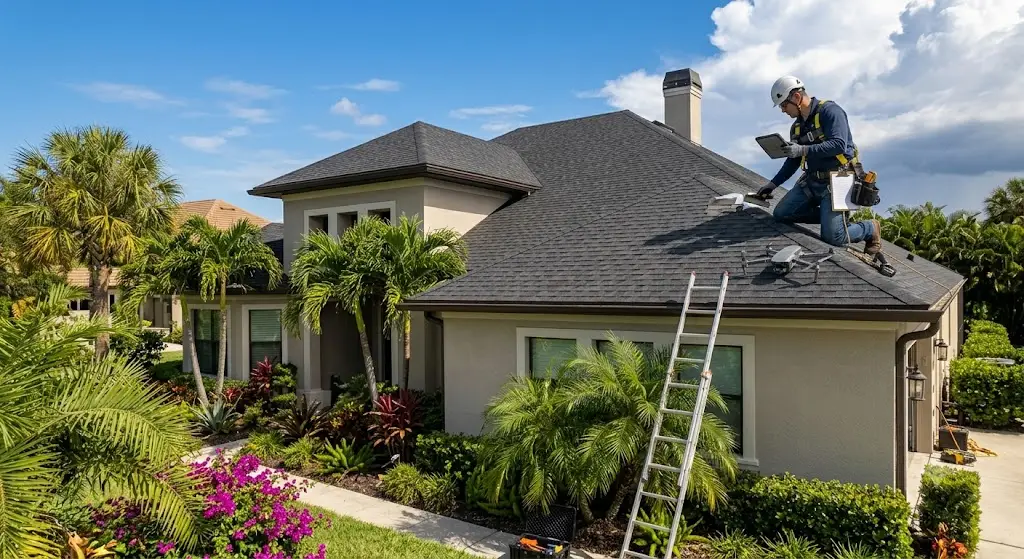 Drone inspecting a roof