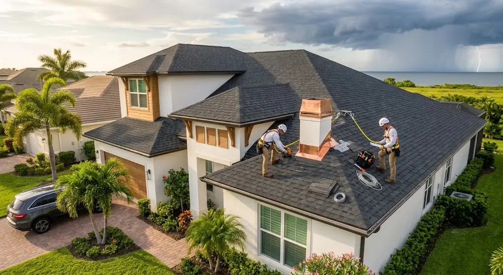 Roofer repairing damaged shingles