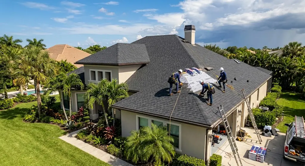 Crew installing a replacement roof