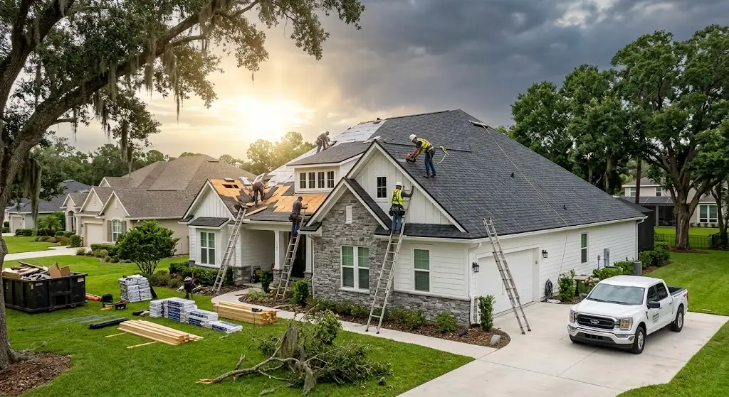 Storm damaged roof tarped and restored in Mandarin