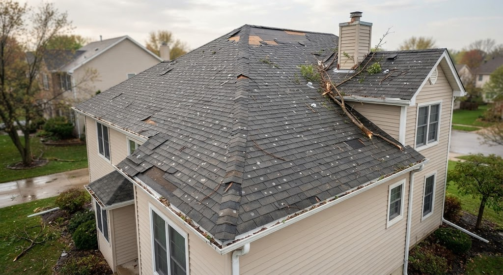 Storm damage with fallen tree branch on roof