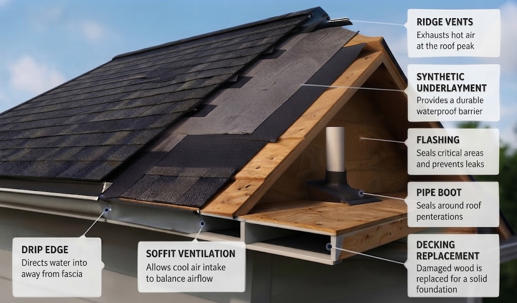 Roof cross-section showing ridge vents, synthetic underlayment, flashing, pipe boots, decking replacement, drip edge, and soffit ventilation