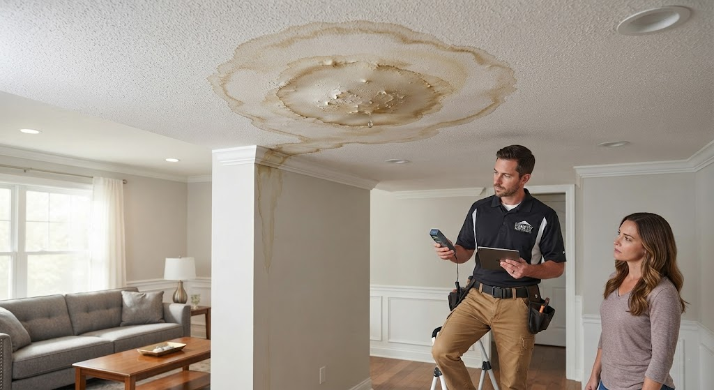 Water stains on interior ceiling from roof leak