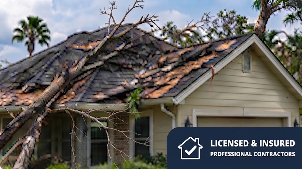 Fallen tree limbs on a storm-damaged Jacksonville roof