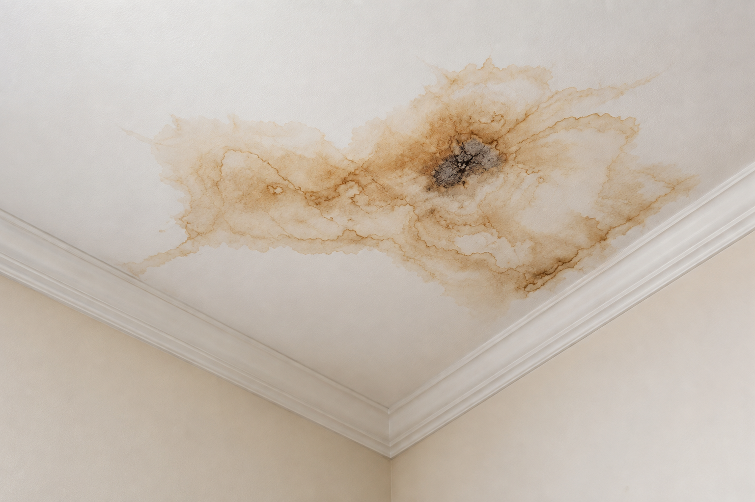 Brown water stain spreading across a ceiling