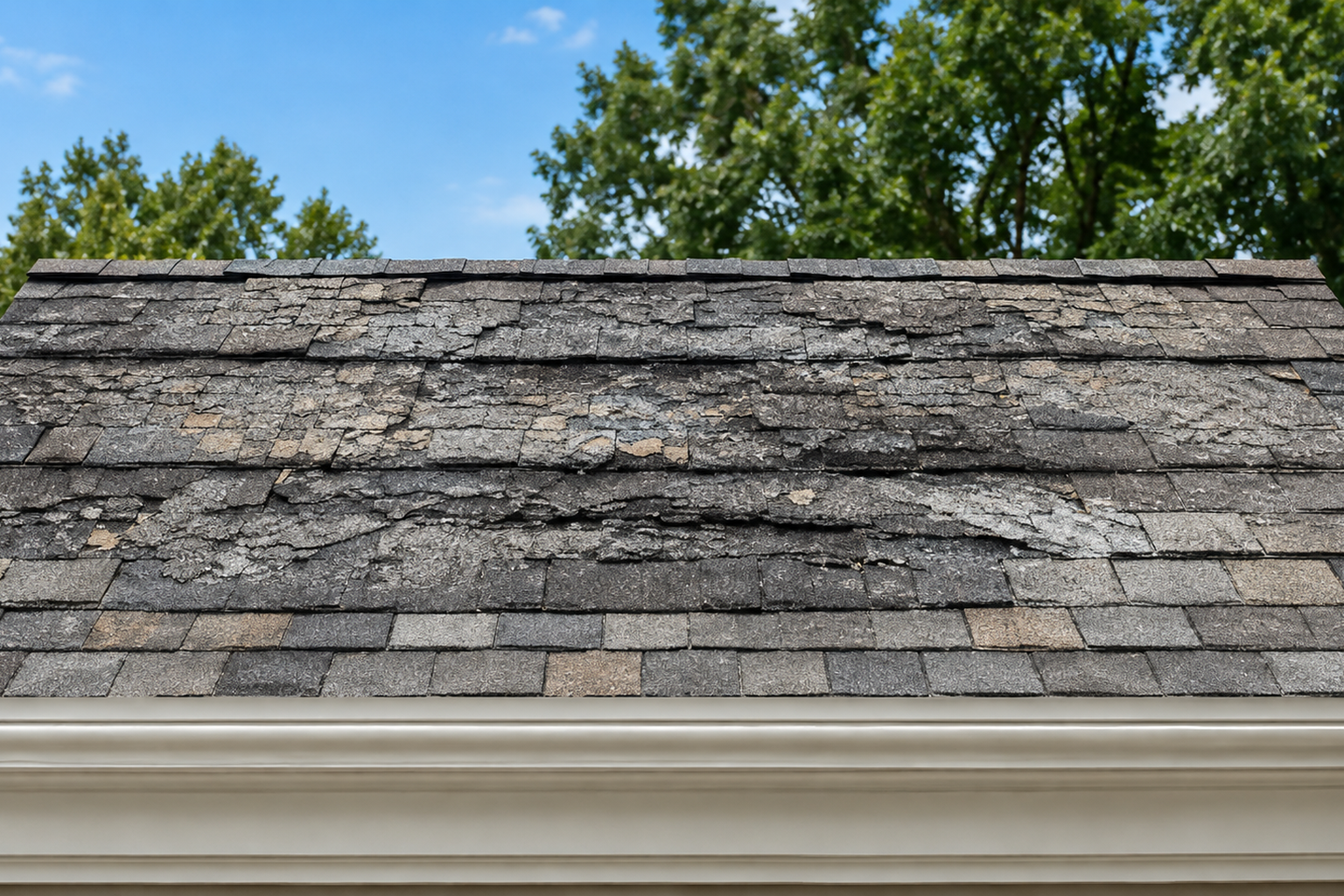 Aging shingle roof next to a brick chimney