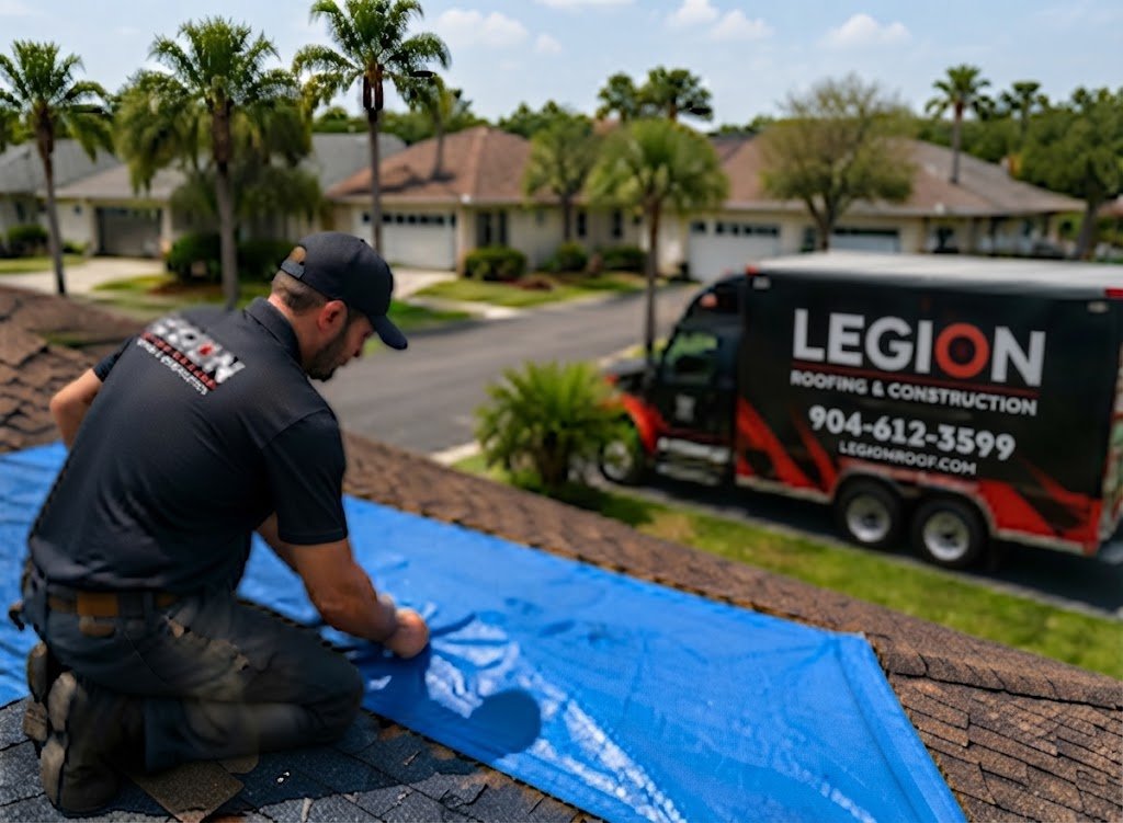 Legion Roofing technician applying temporary tarp protection to a Jacksonville roof